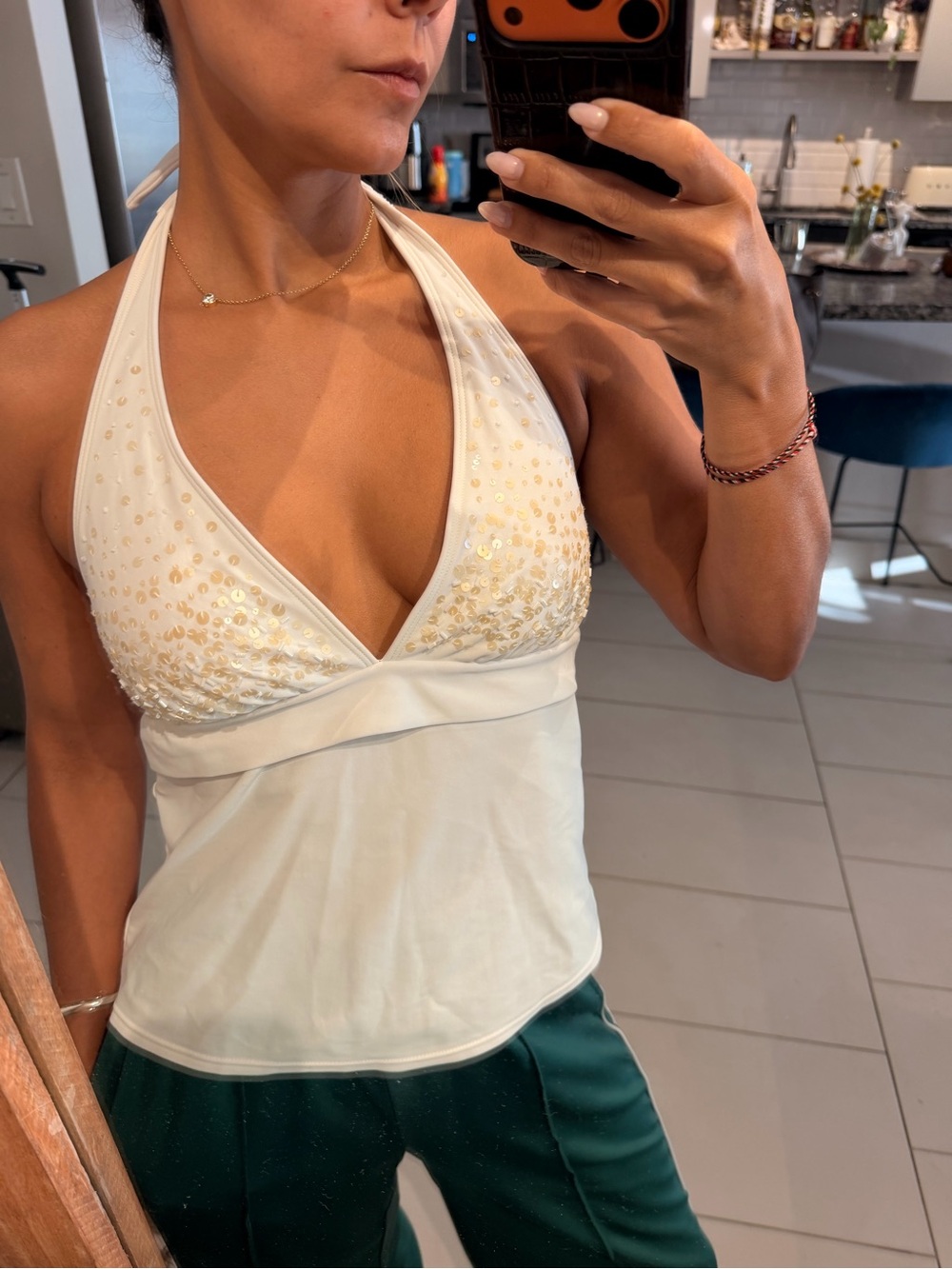 Y2K 90s sequins beaded White Halter V-Neck Tank swim top size 10